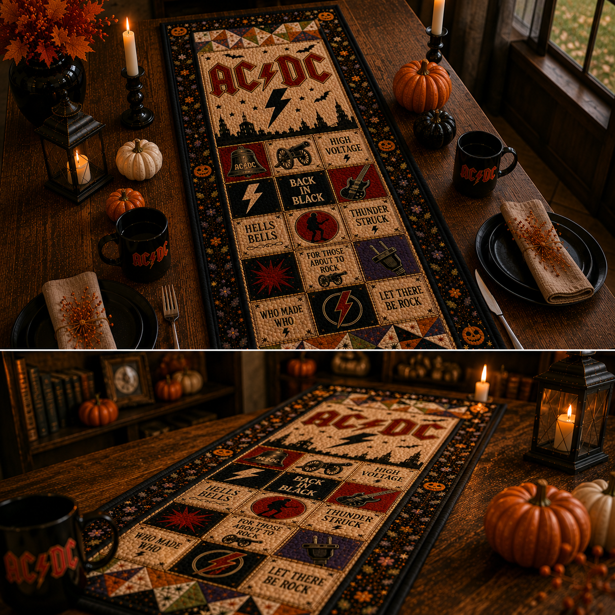 AC/DC Halloween Table Runner – Quilted Rock Band Table Decor for Fall & Halloween