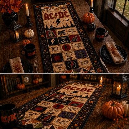 AC/DC Halloween Table Runner – Quilted Rock Band Table Decor for Fall & Halloween