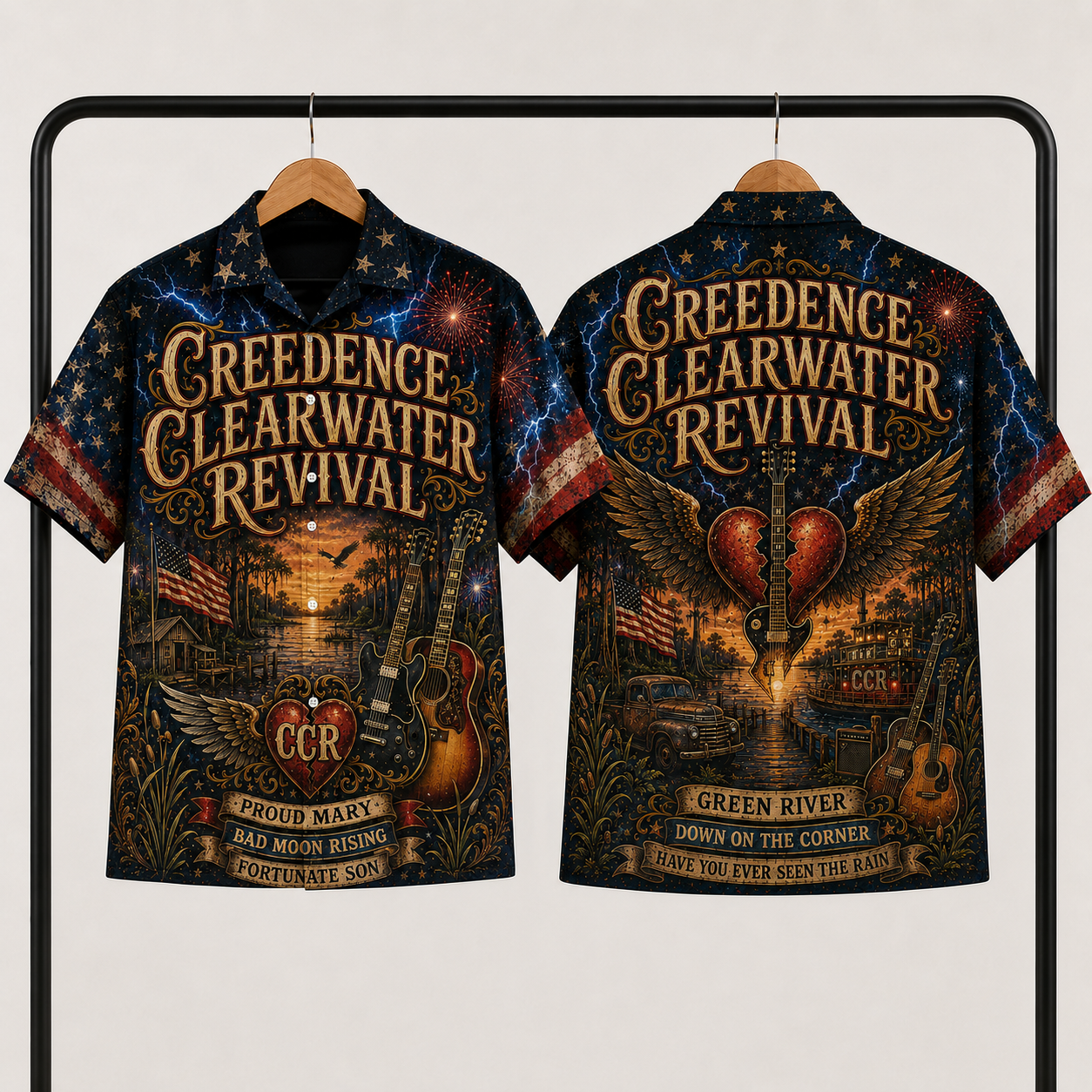 Creedence Clearwater Revival Hawaiian Shirt - Unisex Winged Heart Guitar CCR Button Up