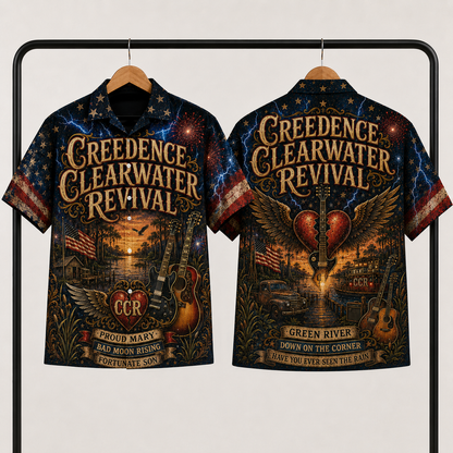Creedence Clearwater Revival Hawaiian Shirt - Unisex Winged Heart Guitar CCR Button Up