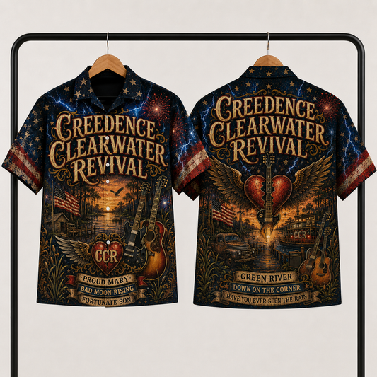 Creedence Clearwater Revival Hawaiian Shirt - Unisex Winged Heart Guitar CCR Button Up