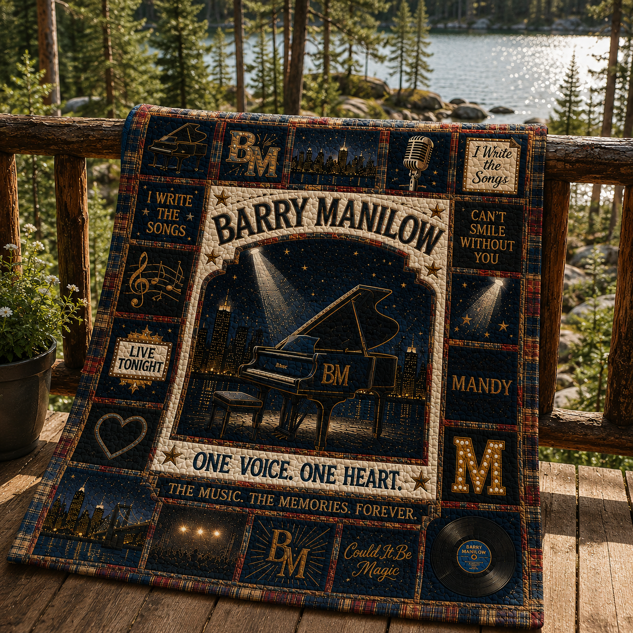 Barry Manilow Quilt Blanket - Vintage Piano Patchwork Bedding - One Voice One Heart Music Fan Gift - Cozy Cabin Style Quilt