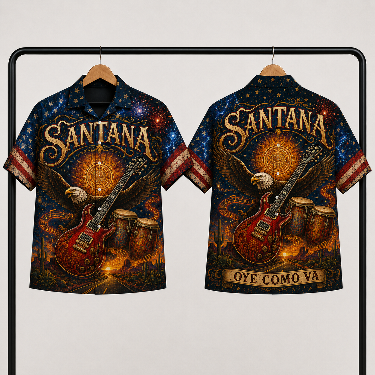 Santana Band Hawaiian Shirt - Unisex Vintage Aztec Sun Oye Como Va Button Up
