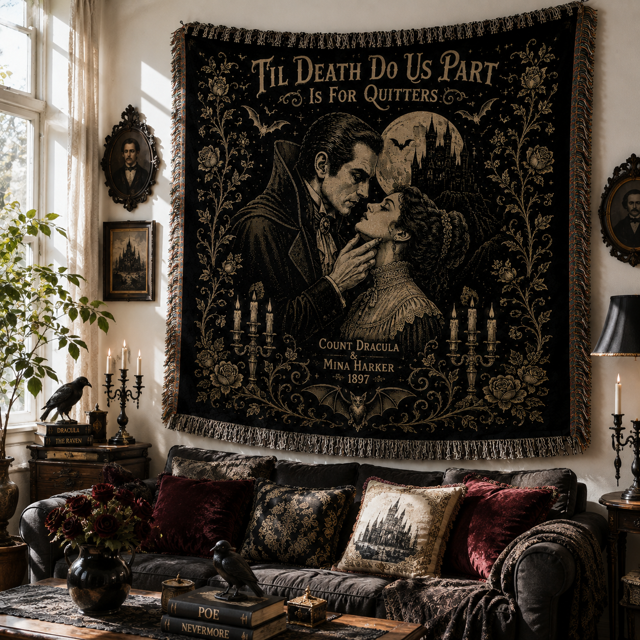 Dracula & Mina Harker Woven Blanket, Gothic Vampire Throw Blanket, Bram Stoker Dracula Tapestry Blanket, Victorian Horror Home Decor Gift