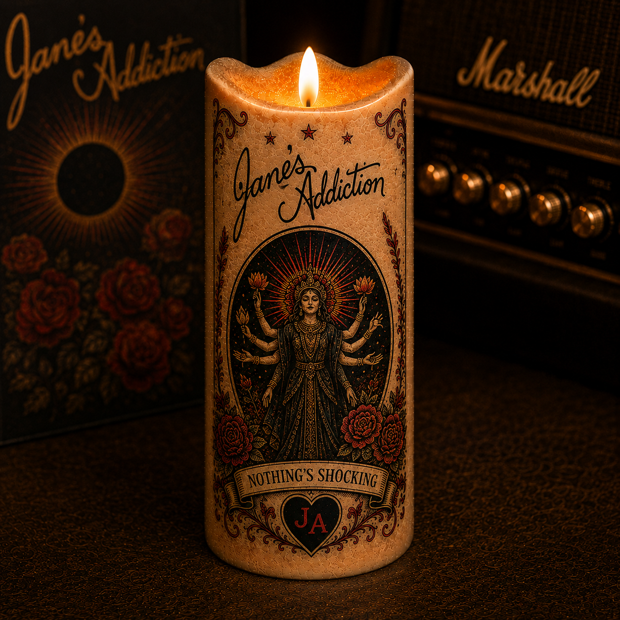 Jane’s Addiction Nothing’s Shocking LED Candle, Alternative Rock Flameless Candle, Vintage Music Gift for Jane’s Addiction Fans