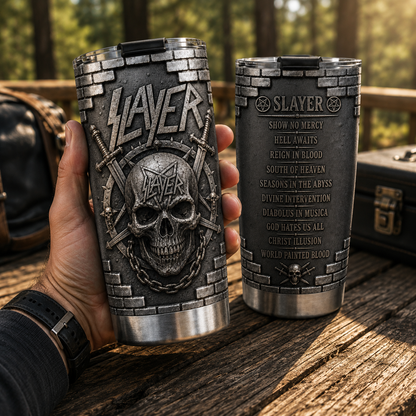 Slayer Reign in Blood Insulated Tumbler - 3D Embossed Skull & Swords Travel Cup