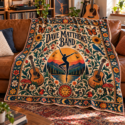 Dave Matthews Band Sherpa Blanket – Boho Folk Rock Fleece Throw, Dancing Figure & Guitar Music Decor, Gift for DMB Fans