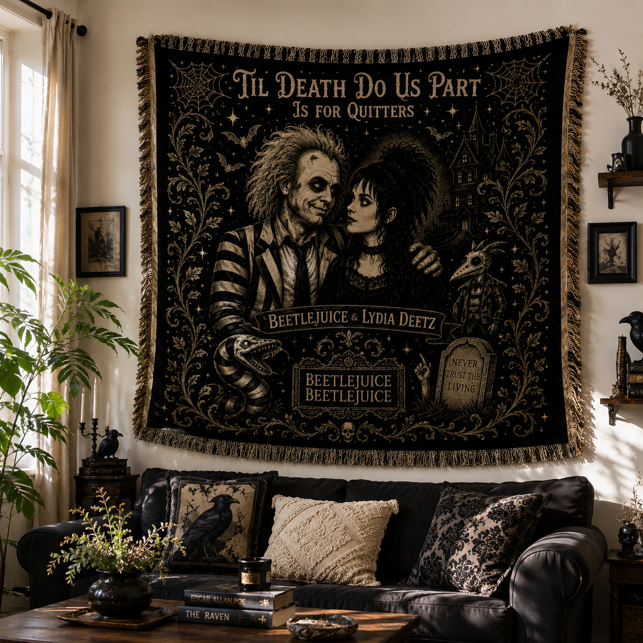 Beetlejuice Woven Blanket, Gothic Halloween Throw Blanket, Beetlejuice & Lydia Deetz Tapestry Blanket, Spooky Home Decor Gift