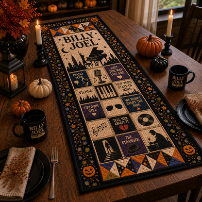 Billy Joel Halloween Table Runner – Quilted Piano Man Table Decor for Fall & Music Lovers