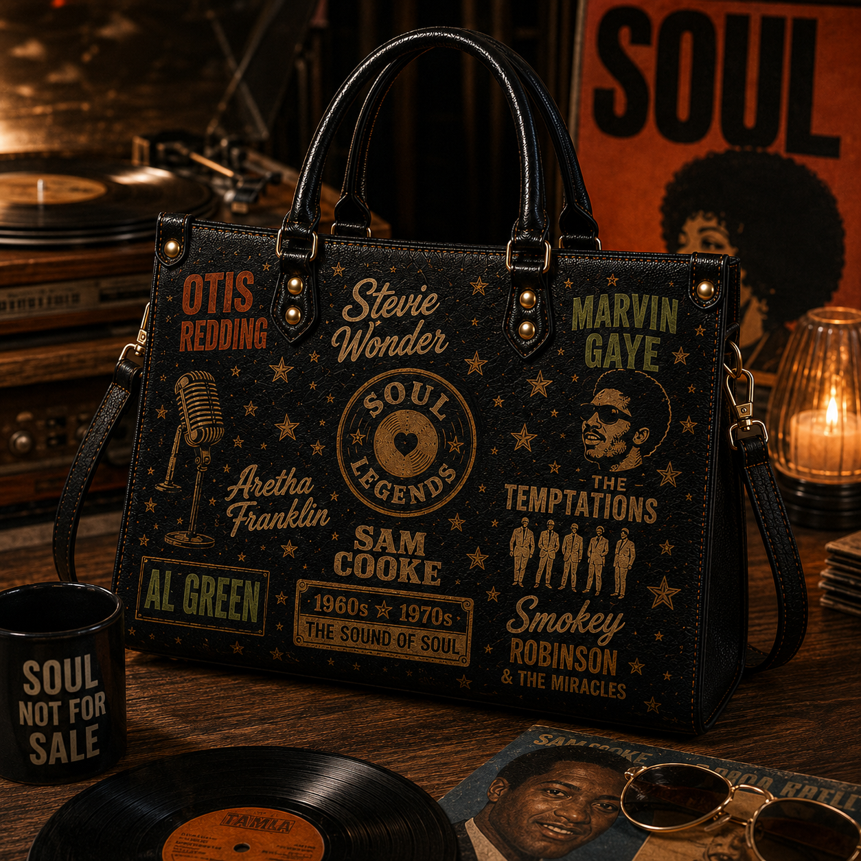 Classic Soul Music Faux Leather Handbag – Vintage 60s 70s Soul Power Shoulder Tote Bag