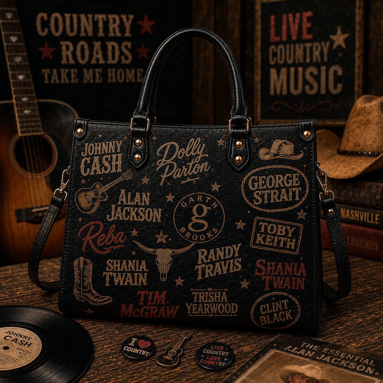 90s Country Music Legends Faux Leather Handbag – Vintage Country Artist Shoulder Tote Bag