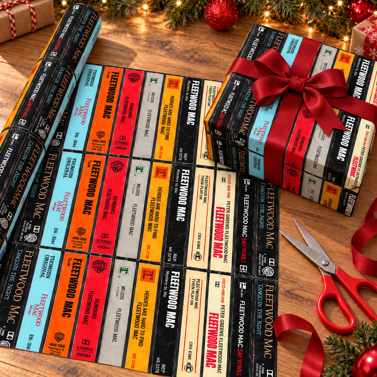 Fleetwood Mac Cassette Spines Wrapping Paper, Vintage Audio Tape Classic Rock Gift Wrap