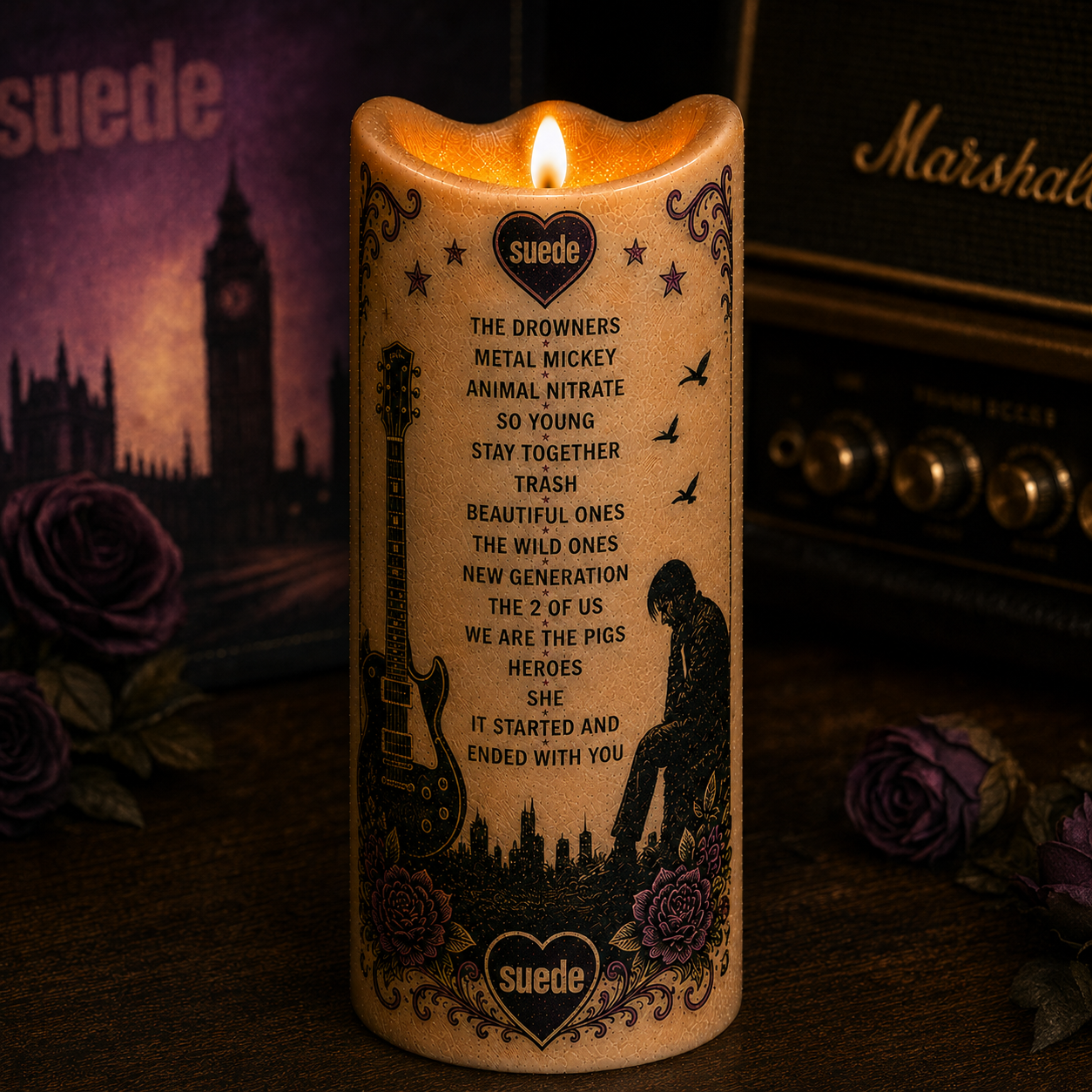 Suede Dog Man Star Flameless LED Candle, Suede Band Inspired LED Candle, Britpop Music Gift, Battery Operated Candle, Suede Fan Home Decor