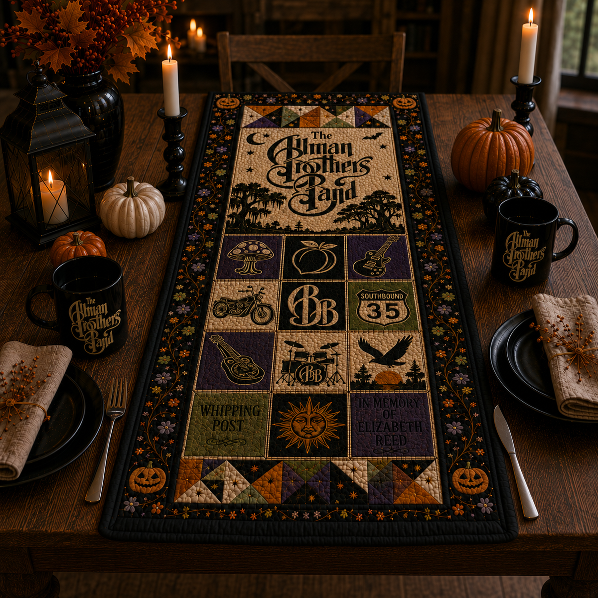 The Allman Brothers Band Halloween Table Runner – Quilted Southern Rock Table Decor for Fall