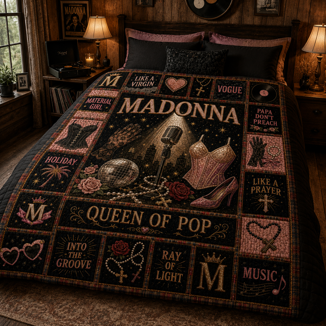 Madonna Quilt Blanket – Queen of Pop Sherpa Throw, Vintage Patchwork Music Blanket, Cozy Bed Quilt, Madonna Fan Gift