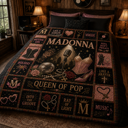 Madonna Quilt Blanket – Queen of Pop Sherpa Throw, Vintage Patchwork Music Blanket, Cozy Bed Quilt, Madonna Fan Gift