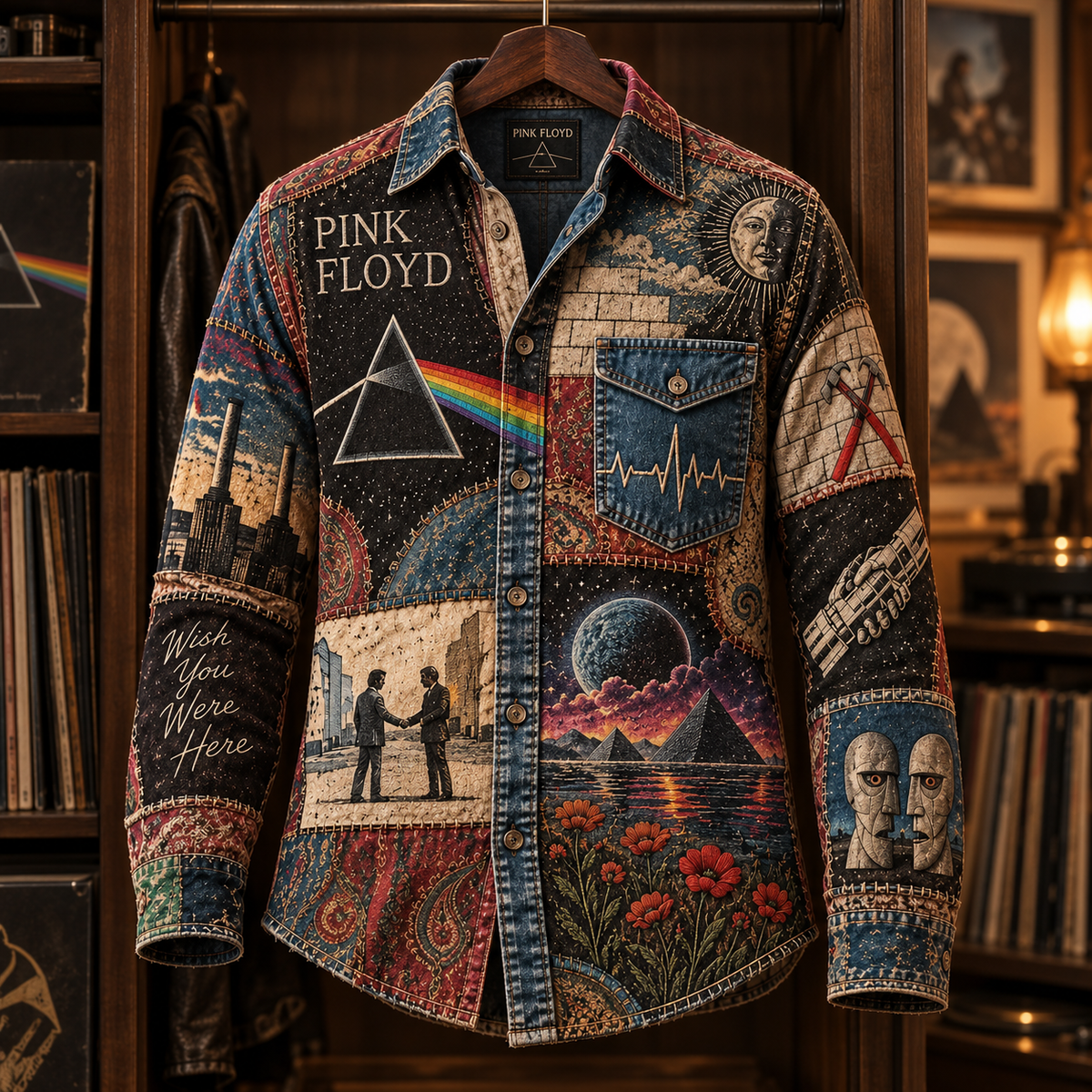 Pink Floyd Patchwork Long Sleeve Shirt – Dark Side Prism, Wish You Were Here & The Wall Vintage Rock Button Up, Progressive Rock Fan Gift