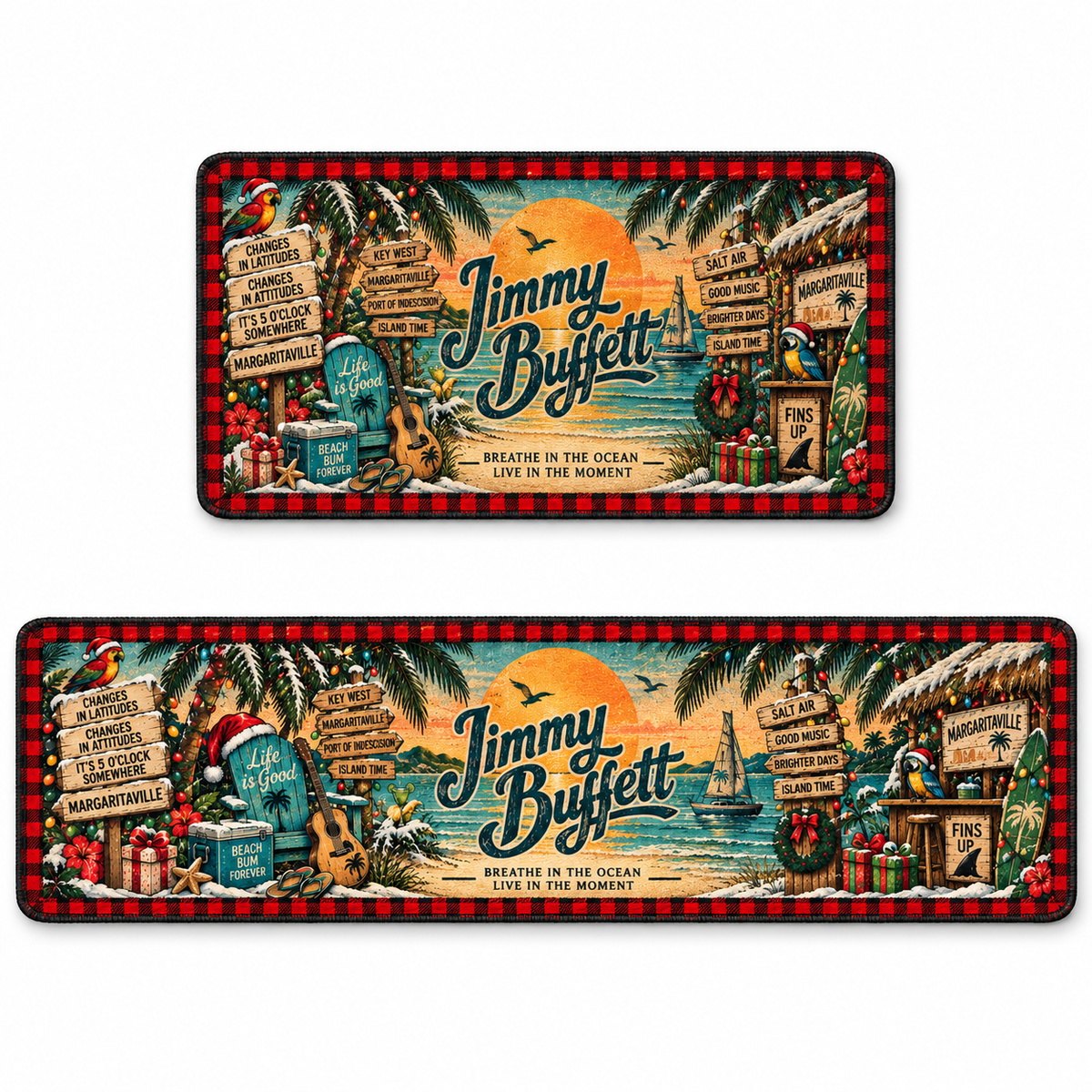 Jimmy Buffett Christmas Runner Rug, Margaritaville Tropical Holiday Kitchen Runner, Parrothead Beach Christmas Decor