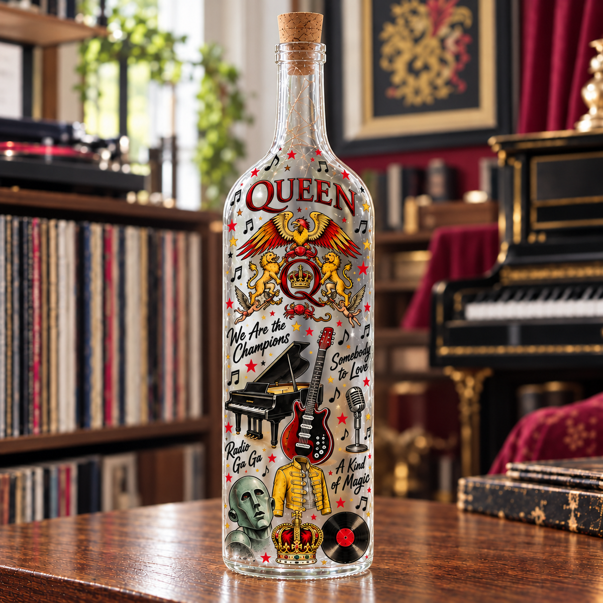 Queen Lighted Bottle Lamp, Bohemian Rhapsody Rock Decor, Freddie Mercury Fan Gift, Classic Rock LED Bottle Light, Music Room Decor