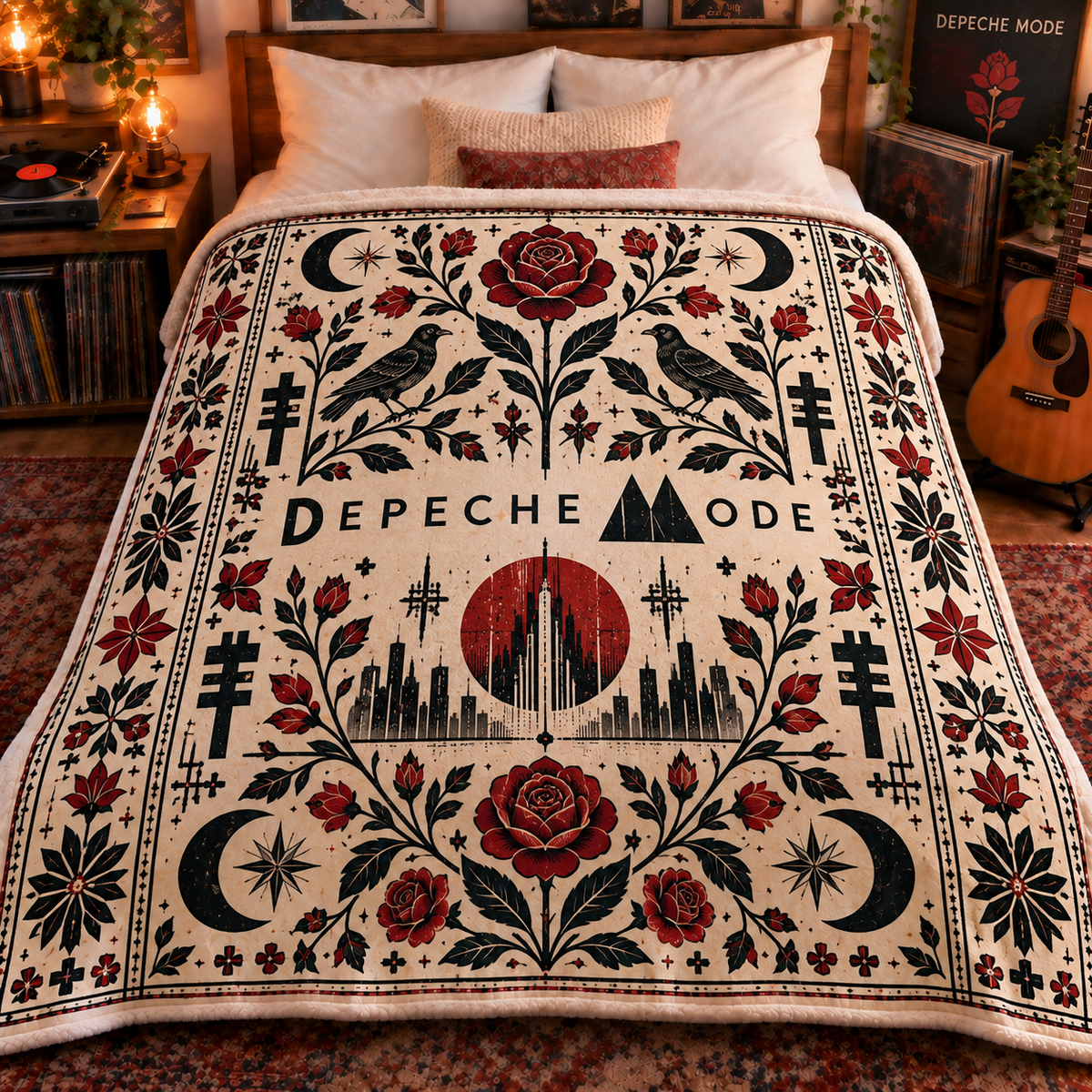 Depeche Mode Sherpa Blanket – Gothic Rose & Raven Fleece Throw, Alternative Rock Music Decor, Gift for Depeche Mode Fans