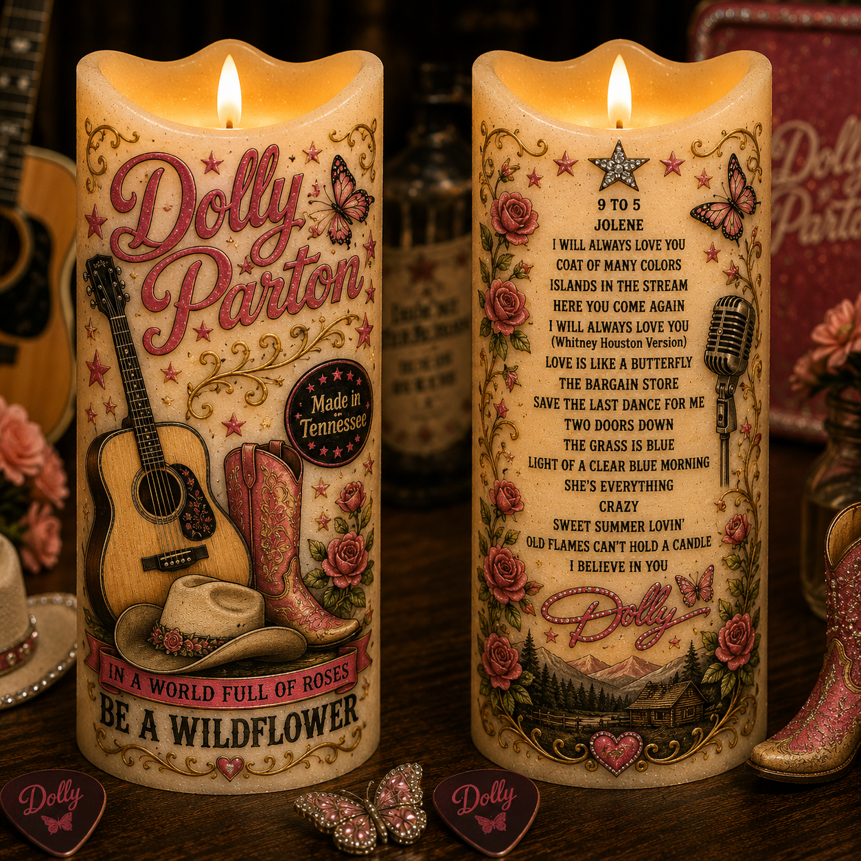 Dolly Parton Flameless LED Candle, Country Music Fan Gift, Dolly Inspired LED Candle, Tennessee Country Decor, Battery Operated Candle