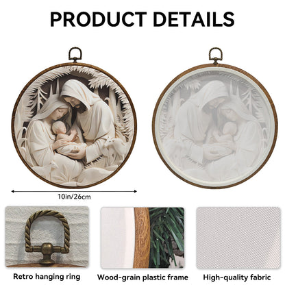 Holy Family Nativity Framed Round Wall Art – Paper Sculpture Style Christmas Décor