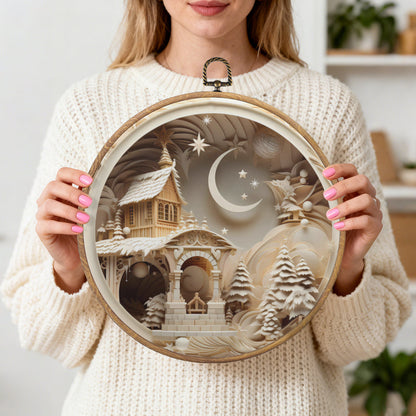 Silent Night Chapel Framed Round Wall Art – Paper Sculpture Style Christmas Décor