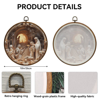 Nativity Scene Framed Round Wall Art – Paper Sculpture Style Holy Family Décor