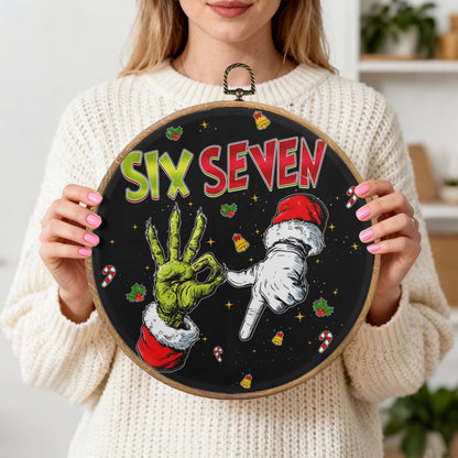 Funny Grinch Hand "Six Seven" Framed Round Wall