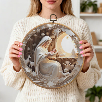 Holy Night Framed Round Wall Art – Paper Sculpture Style Nativity Scene Décor