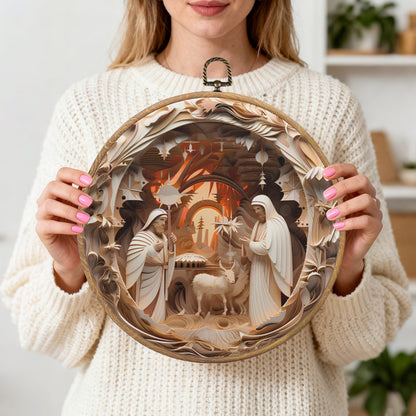 Nativity Blessing Framed Round Wall Art – Paper Sculpture Style Christmas Décor