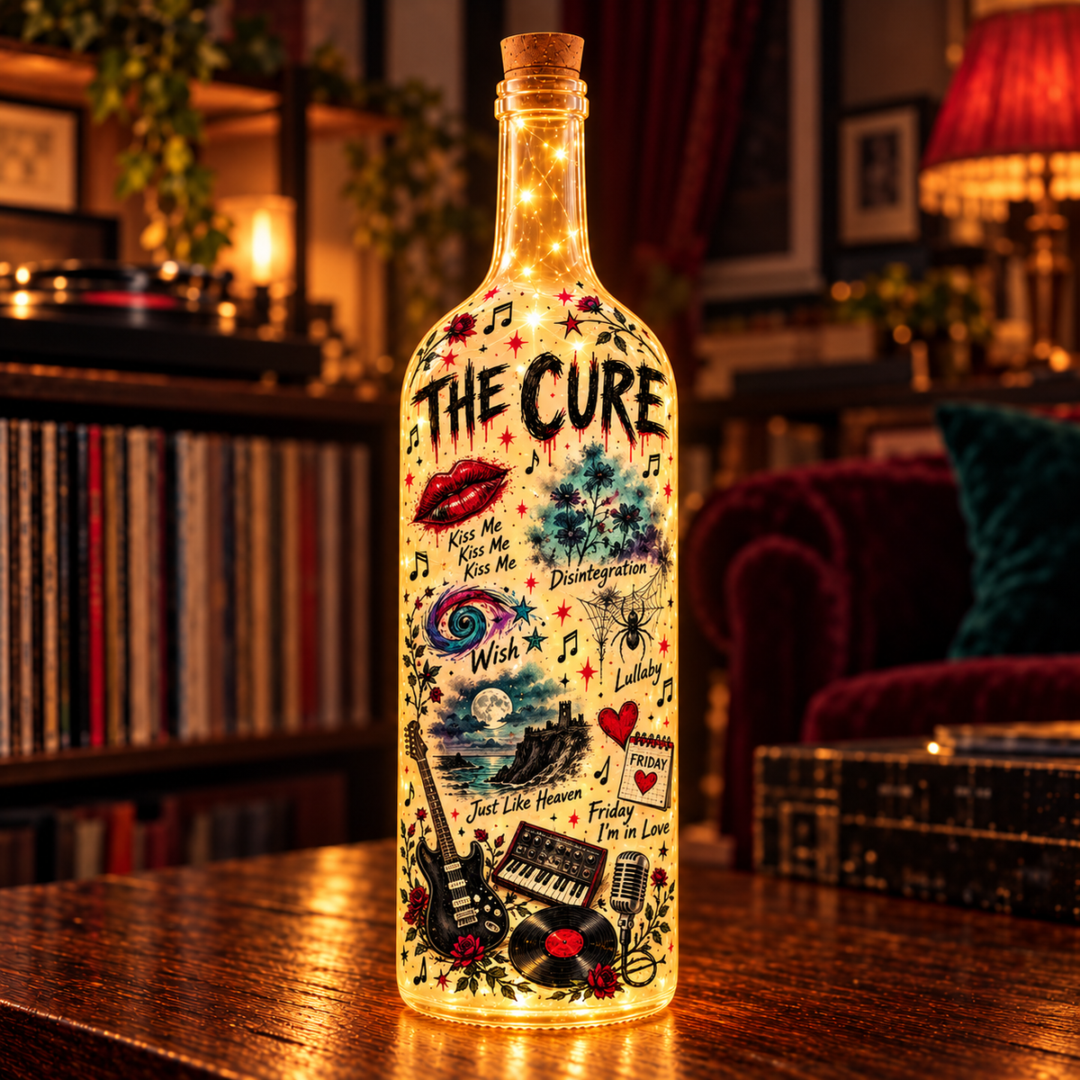 The Cure Lighted Bottle Lamp, Disintegration & Wish Music Decor, Gothic Rock Fan Gift, Alternative Rock LED Bottle Light, Music Room Decor