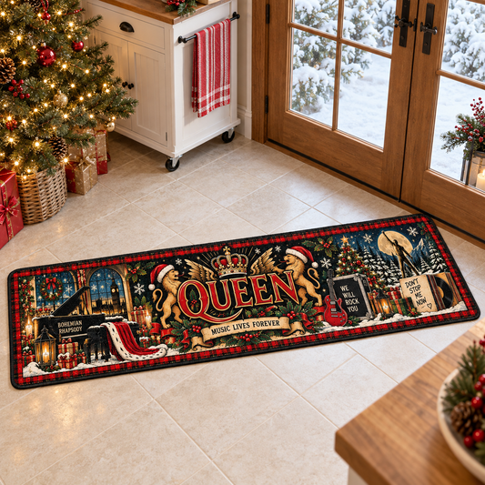 Queen Christmas Runner Rug, Bohemian Rhapsody Holiday Kitchen Runner, We Will Rock You Classic Rock Christmas Decor