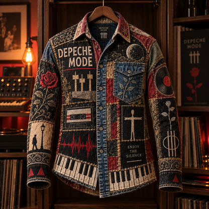 Depeche Mode Patchwork Long Sleeve Shirt – Enjoy the Silence, Violator Rose & Vintage Synth Rock Button Up, Alternative Music Fan Gift