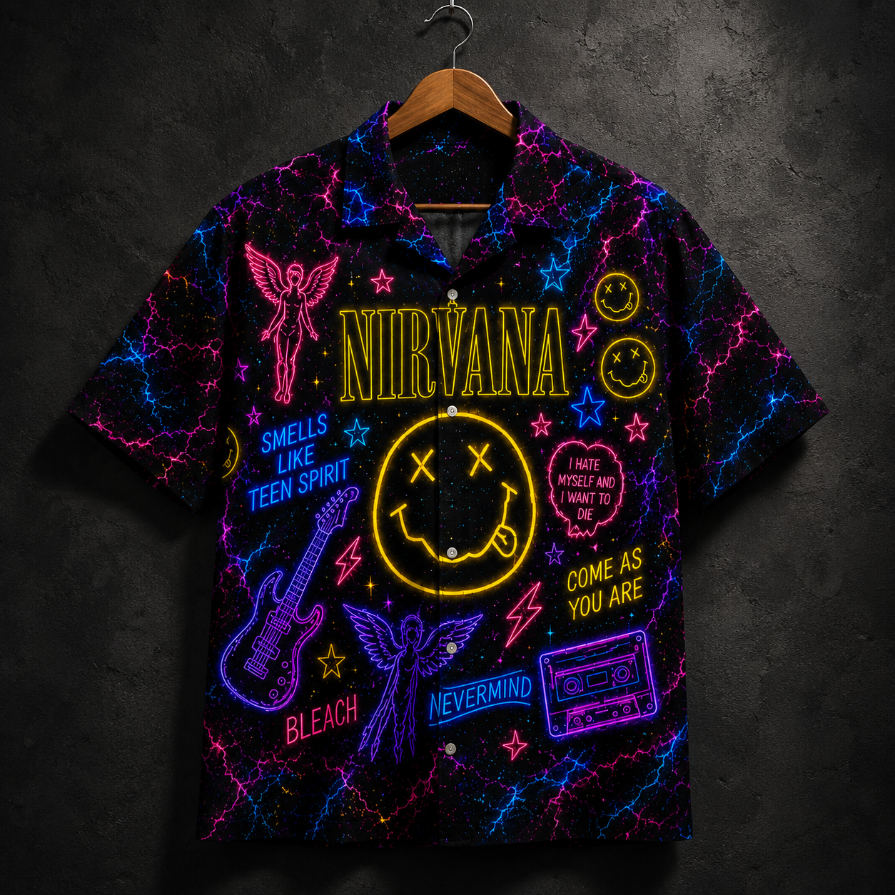 Nirvana Neon Hawaiian Shirt - Grunge Rock Band All Over Print Hawaiian Shirt - Retro 90s Music Summer Shirt
