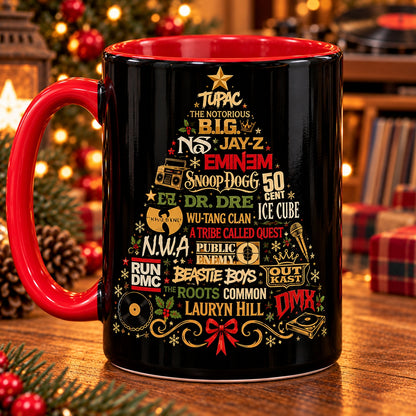Hip Hop Legends Christmas Tree Coffee Mug – 90s Rap Icons & Old School Boombox Holiday Accent Cup
