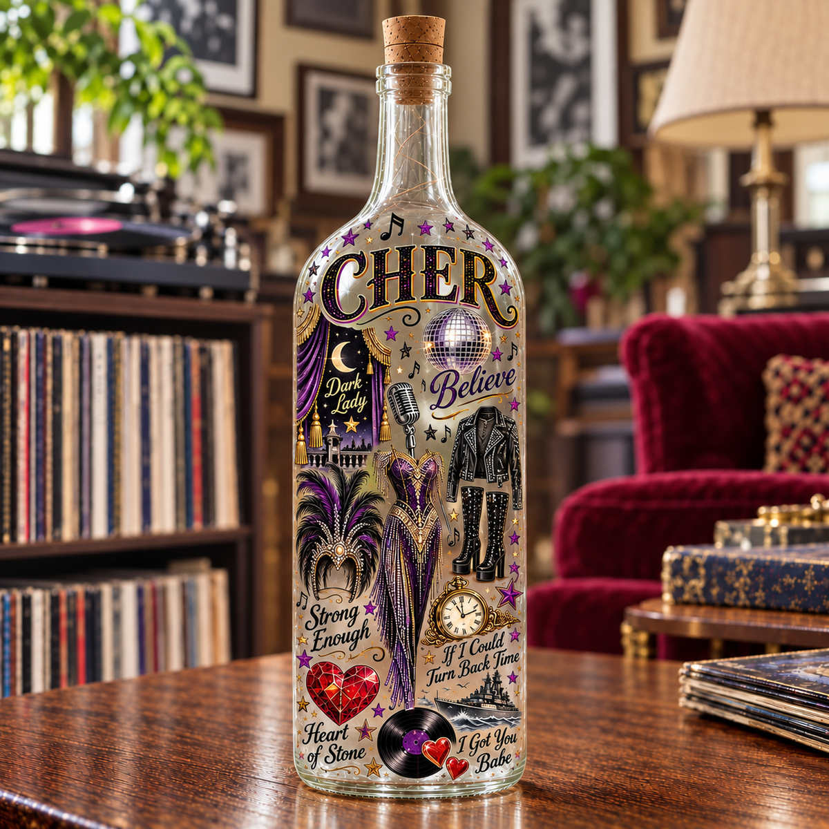 Cher Lighted Bottle Lamp, Believe Music Decor, Pop Icon LED Bottle Light, Cher Fan Gift, Retro Music Room Decor
