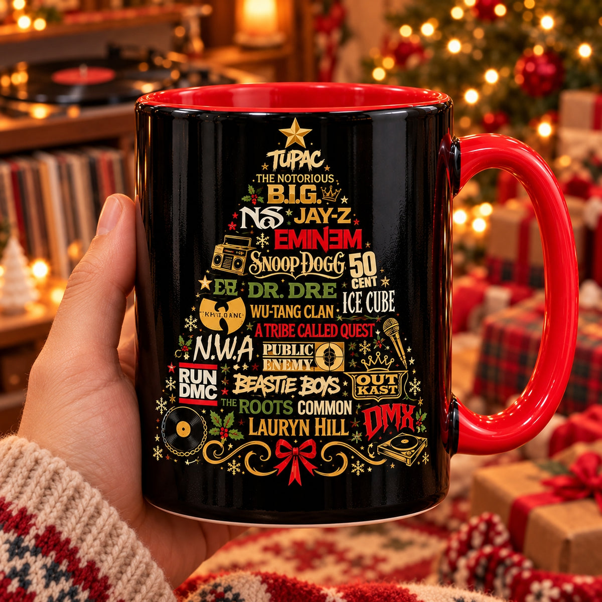 Hip Hop Legends Christmas Tree Coffee Mug – 90s Rap Icons & Old School Boombox Holiday Accent Cup