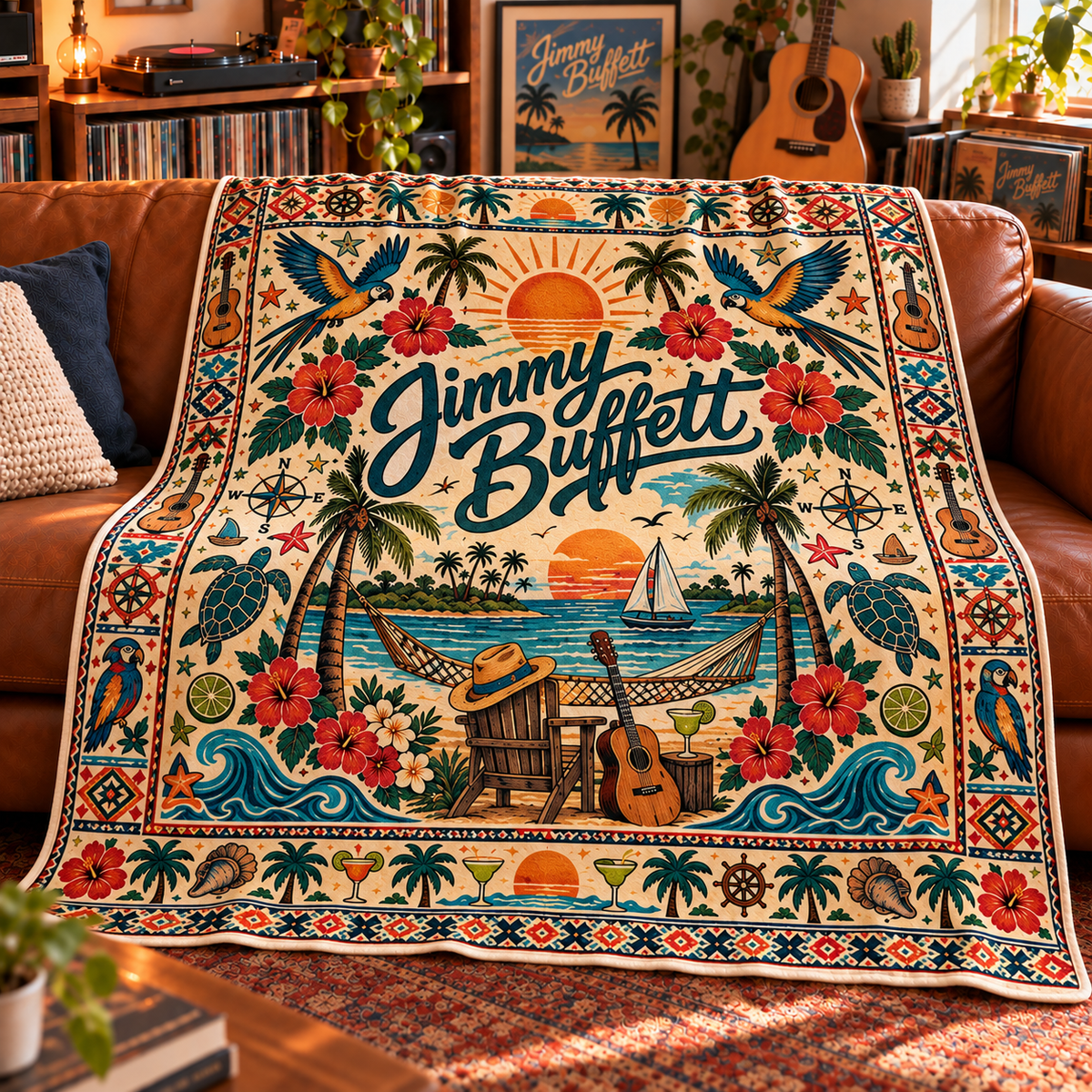 Jimmy Buffett Sherpa Blanket – Tropical Parrothead Fleece Throw, Beach Music Decor, Island Style Gift for Jimmy Buffett Fans & Parrotheads