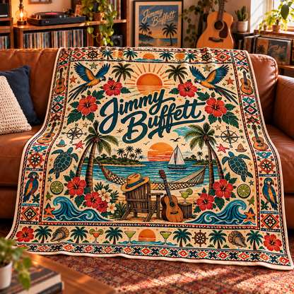 Jimmy Buffett Sherpa Blanket – Tropical Parrothead Fleece Throw, Beach Music Decor, Island Style Gift for Jimmy Buffett Fans & Parrotheads