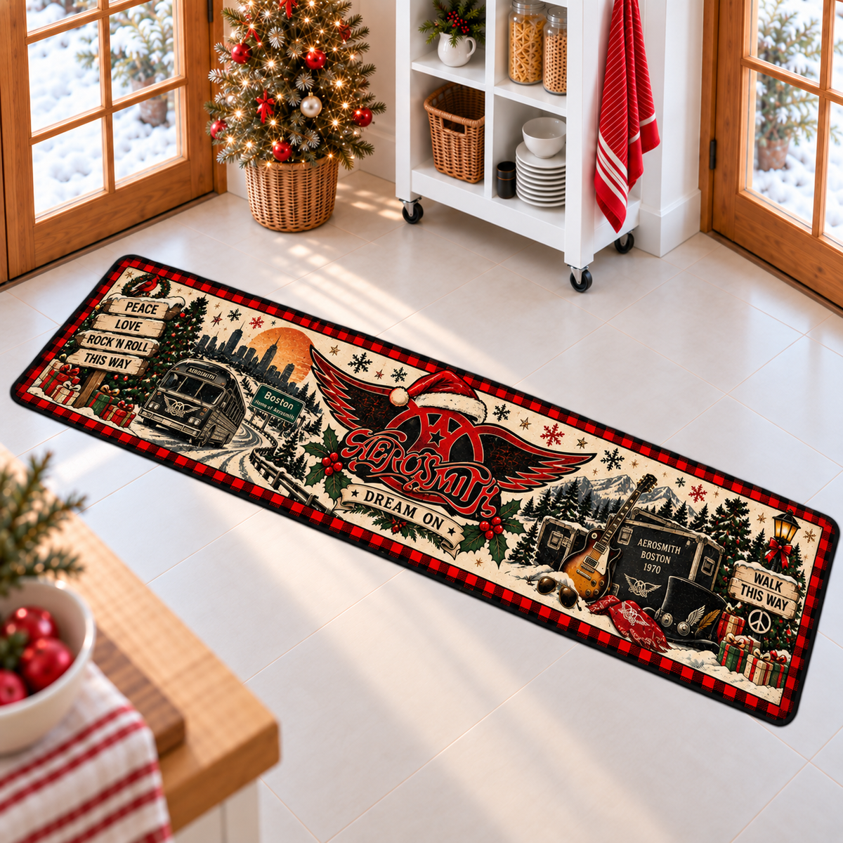 Aerosmith Christmas Runner Rug, Dream On Holiday Kitchen Runner, Walk This Way Classic Rock Christmas Decor, Aerosmith Fan Gift
