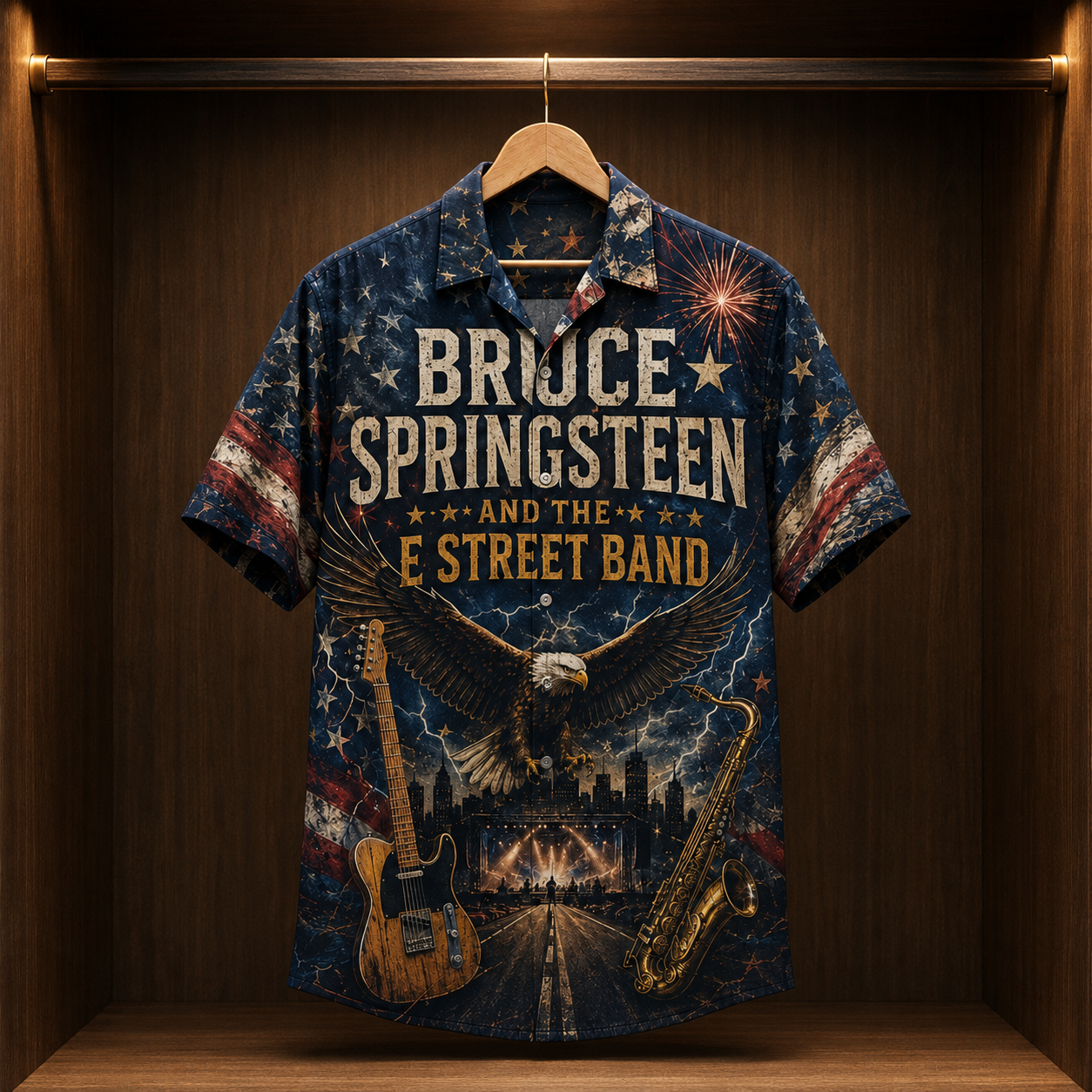 Bruce Springsteen Hawaiian Shirt - Unisex Born In The USA American Eagle Button Up