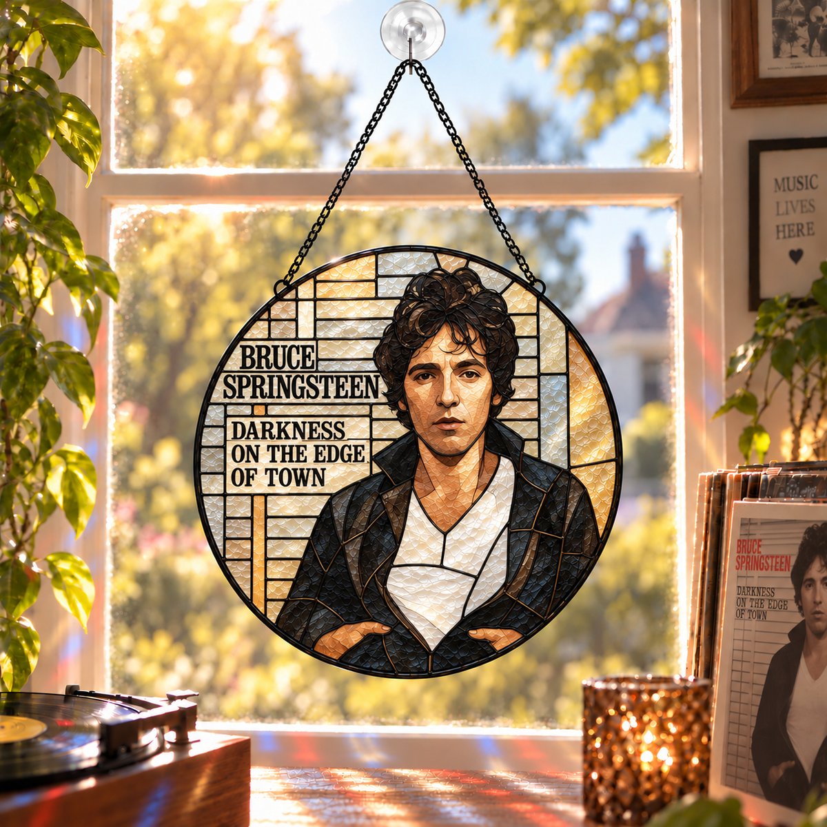 Bruce Springsteen Iconic Album Cover Stained Glass Sun Catcher – The Boss Rock Music Window Hanging Gift