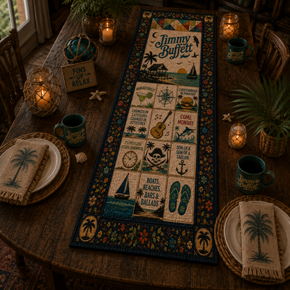 Jimmy Buffett Table Runner – Margaritaville Coastal Patchwork Table Runner, Tropical Beach Dining Table Decor, Parrothead Gift, Island Music Table Runner