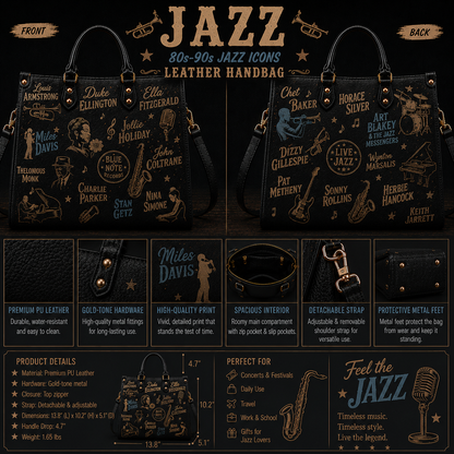 Jazz Legends Faux Leather Handbag – Vintage Music Lover Shoulder Tote Bag for Jazz & Blues Fans