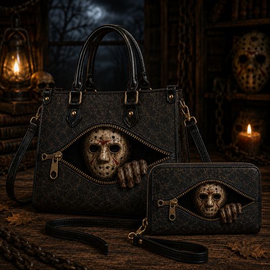 Jason Voorhees Zipper Illusion Handbag Set, Friday the 13th Inspired Gothic Tote Bag & Wallet, Hockey Mask Design Purse, Halloween Gift for Horror Fans
