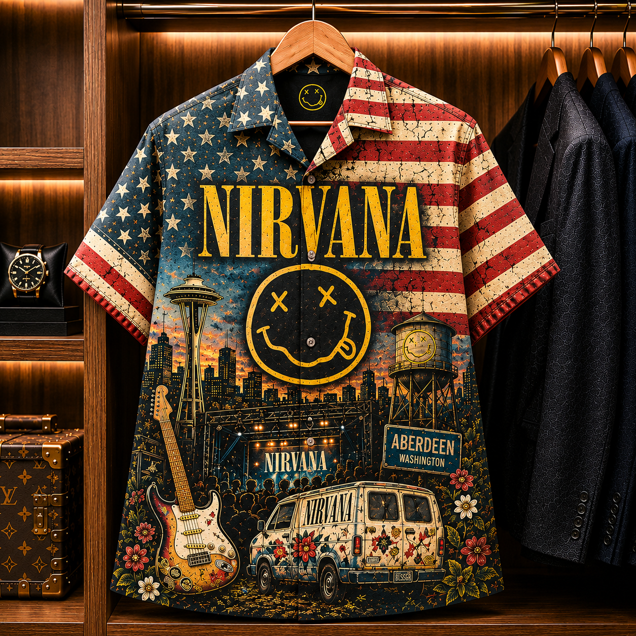 Nirvana Hawaiian Shirt - Patriotic Grunge Rock Band All Over Print AOP Button Up Shirt for Nirvana Fans