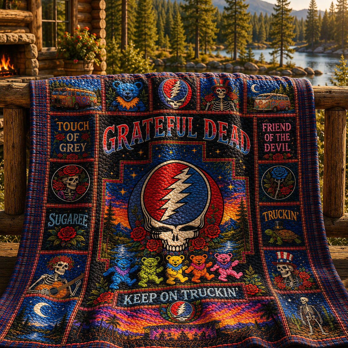 Grateful Dead Quilt Blanket - Steal Your Face Patchwork Bedding - Dancing Bears Music Fan Gift - Hippie Rock Cabin Quilt