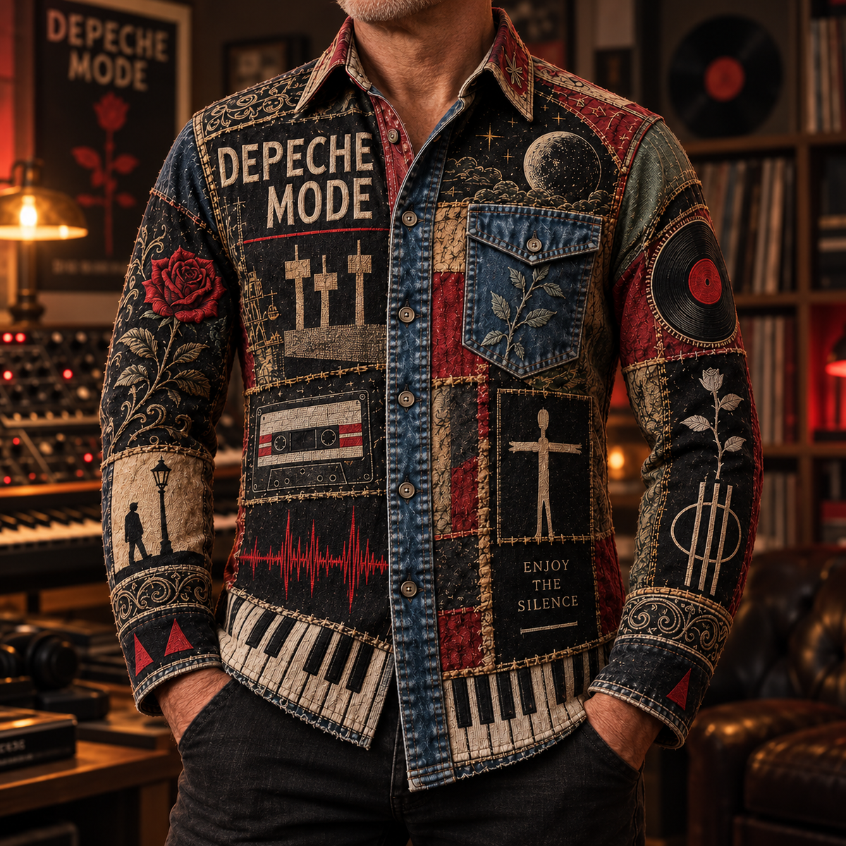 Depeche Mode Patchwork Long Sleeve Shirt – Enjoy the Silence, Violator Rose & Vintage Synth Rock Button Up, Alternative Music Fan Gift