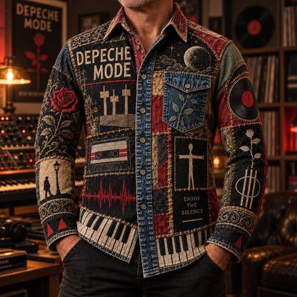 Depeche Mode Patchwork Long Sleeve Shirt – Enjoy the Silence, Violator Rose & Vintage Synth Rock Button Up, Alternative Music Fan Gift
